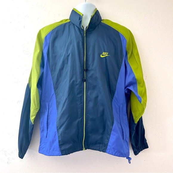 Nike Vintage 90s Mens L Blue and Green Windbreaker Jacket Full Zip Pockets Hood - Picture 1 of 13